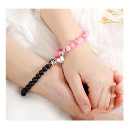 Pulseras con dijes Pulsera de pareja para amantes Granos de lava de piedra natural Distancia unisex Braclet Regalo del día de San Valentín Drop Delive Dh4S2