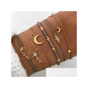 Bracelets de charme Cr Bijoux Alliage Bracelet Creux Double Amour Pentagramme Lune Pierre Naturelle Diamant Brins Ensemble Fabricants En Gros DHFBI