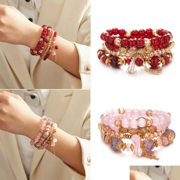 Bracelets porte-bonheur Bracelet en cristal perlé créatif 4 Pack Mtilayer Style bohème Livraison en gros 202 Nt