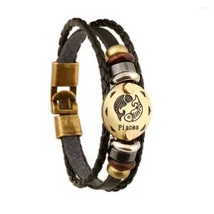 Bracelets de charme mode créatif 12 Zodiac Poissons Bronze Bracelet en cuir en alliage Perles punk pour femmes hommes multicouches Easy Buckles FS001-2