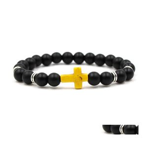 Bedelarmbanden Cross Men Bracelet Brand Groothandel Unisex Stone Hand Work Black Onyx Vulkaan Matte kralen Drop Delivery Sieraden Dhdub