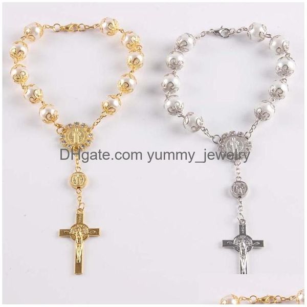 Bracelets de charme Croix Rosaire Bracelet Relius Bijoux Femmes Hommes Mode Sier Or Perles De Verre Perle Jésus Christian Bracelets De Charme Wi Dhesn