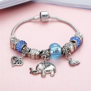 Bracelets de charme Bracelet en cristal pour femmes alliage mignon couleur argent charmes éléphant forme de coeur pendentif perles bracelets bijoux Pul295u