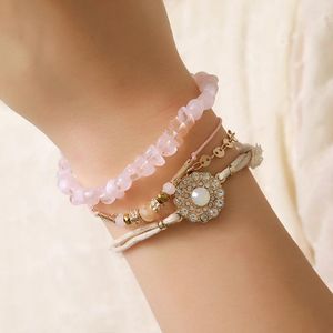 Charm Armbanden Kristal Bloemen Armband Set 3 stks/set Natuurlijke Roze Kwarts Stenen Kralen Voor Vrouwen Boho Girl Lover Sieraden