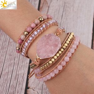 Bedelarmbanden csja natuursteen armband roze kwarts lederen wrap voor vrouwen rozenbladen kristallen kralen bohemia sieraden 5 streng s308 230215