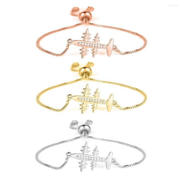 Pulseras de encanto Cubic Zirconia Cristal Latón Avión Pulsera Mujeres Chapado en oro Cobre CZ Piedra Plano Caja Cadena Joyería Ajustable Regalo