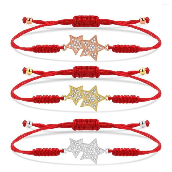 Pulseras con dijes Zirconia cúbica Piedra brillante CZ Cristal Cadena roja Dos estrellas de cinco puntas Pulsera trenzada de macramé Joyería ajustable para mujer