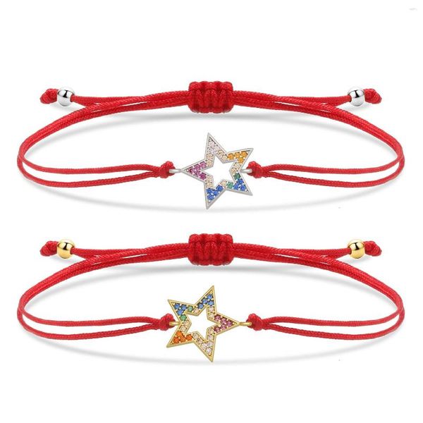 Pulseras con dijes Piedras de circonio cúbico Chapado en oro Multicolor CZ Pulsera de estrella de cinco puntos Mujeres 2023 Moda Cordón rojo Joyería hecha a mano