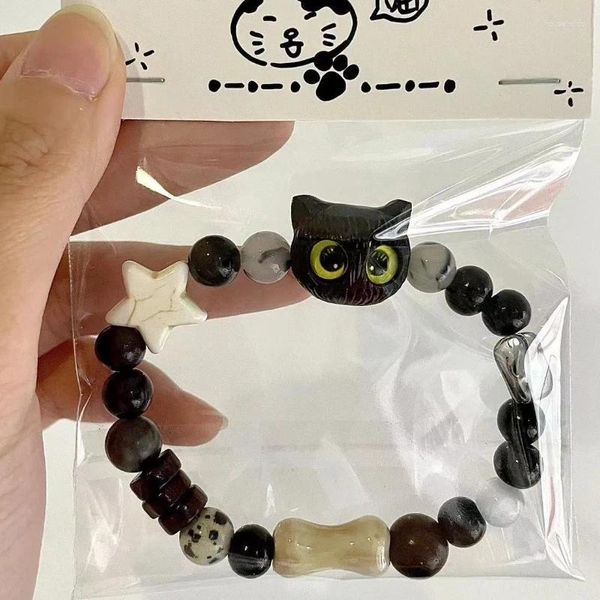 Pulseras de encanto lindo gato negro cuerda trenzada pulsera piedra natural con cuentas de dibujos animados animal pareja accesorios de fiesta joyería