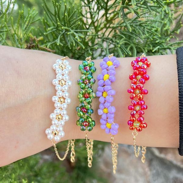 Pulseras con abalorios, bonitas flores, margaritas, transparentes, coloridas, con cuentas, pulsera elástica hecha a mano, joyería para mujer