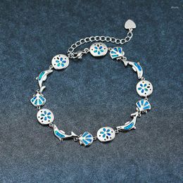 Pulseras con abalorios, pulsera de flor de delfín de concha bonita, cadena de Color plateado de ópalo azul de lujo para mujer, joyería de boda