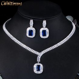 Bracelets de charme CWWZircons Bling Square Drop Collier de zircon cubique bleu foncé et boucle d'oreille Ensemble de bijoux de fête pour les mariées de mariage T507 230901