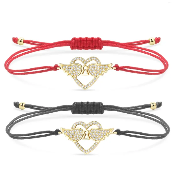 Pulseras de encanto CZ Cristal Latón Amor Corazón con ala de ángel Pulsera Mujer Chica Moda Cubic Zirconia Zircon Pluma Red String Jewelry