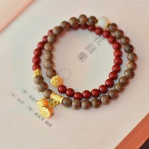 Pulseras de encanto Diseñar un estilo chino Cinnabar Round Bead Pulsera doble para el juego artístico de las mujeres Agarwood Life Happy Gift