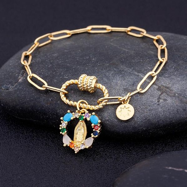 Pulseras con dijes Diseño Cobre Zircon Colorido Cristal Virgen María Colgante Pulsera de cadena para mujeres Moda femenina Joyería para fiesta de bodaCharm