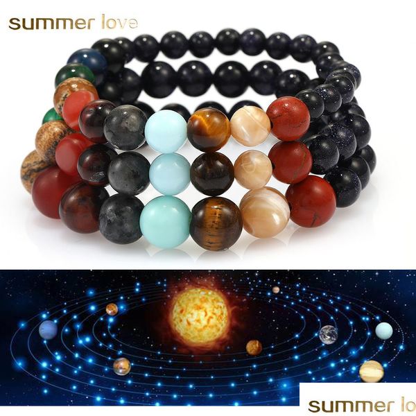 Pulseras con dijes Joyería de diseño Mujeres Hombres Pulsera de cuentas Universo Galaxy Ocho Planetas Elástico Chakra Piedra Natural Yoga Gota Solar D DHBFK