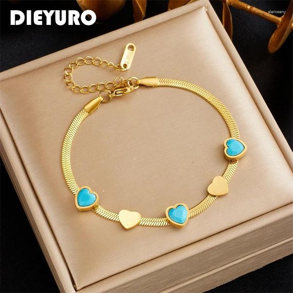 Bracelets de charme Dieyuro 316L en acier inoxydable coeur bleu pierre bracelet pour femmes fille mode bracelets poignet bijoux dame fête cadeau de vacances