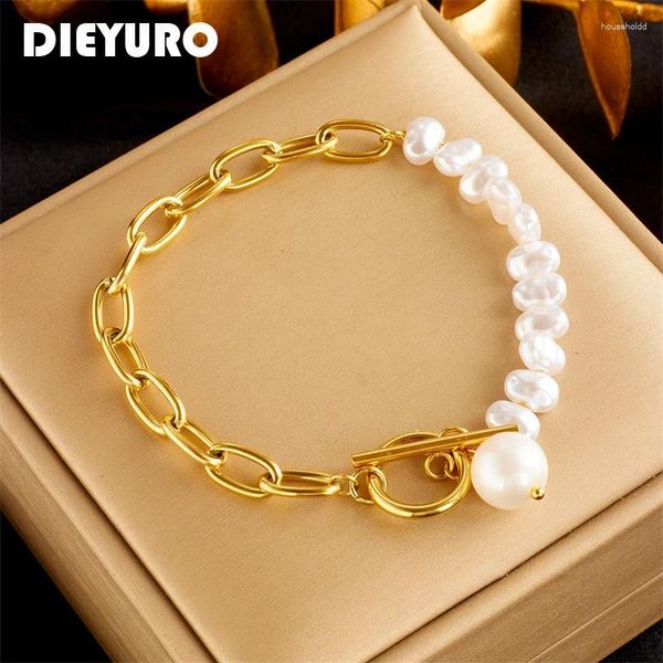 Pulseras de encanto DIEYURO 316L Pulsera de perlas de acero inoxidable para mujeres Moda sin desvanecimiento OT Hebilla Cadena Brazaletes Joyería Regalos de cumpleaños