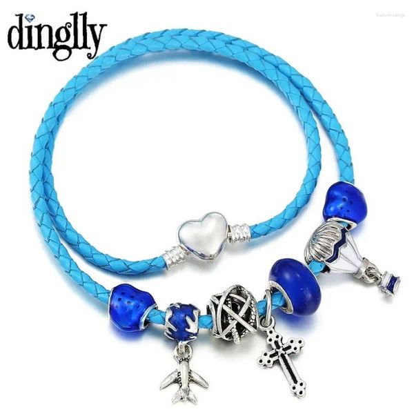 Pulseras de encanto dinglly avión cruz globo de aire cuero para mujeres hombres de brazalete apilado joyas de joyas apiladas