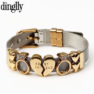 Pulseras con dijes DINGLLY Malla de acero inoxidable de dos tonos para Mujeres Hombres Golden Love Heart Beaded 10mm Ribbon Bracelet Bangle Gifts 230802