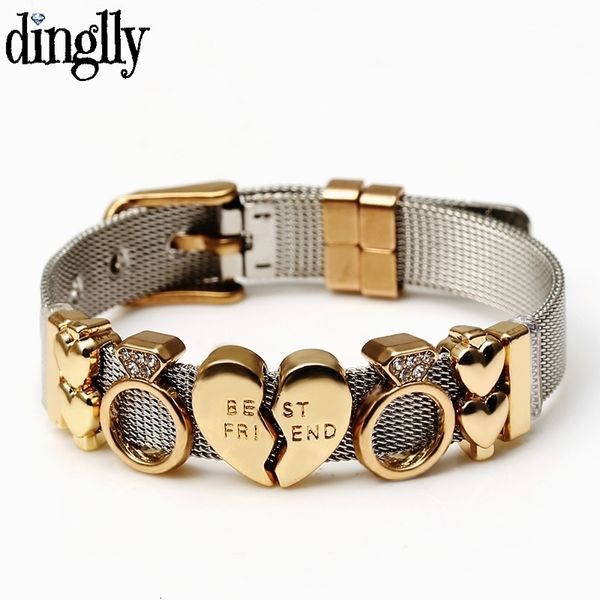 Bracelets porte-bonheur DINGLLY deux tons en acier inoxydable maille pour femmes hommes doré amour coeur perlé 10mm ruban Bracelet Bracelet cadeaux 230424