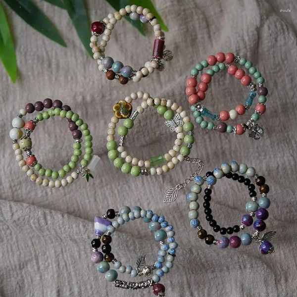 Pulseras con dijes Pulsera de cerámica de doble círculo para mujer Boho Artístico Mariposa Colgante Joyería de moda Vintage Colorido Cuenta de piedra