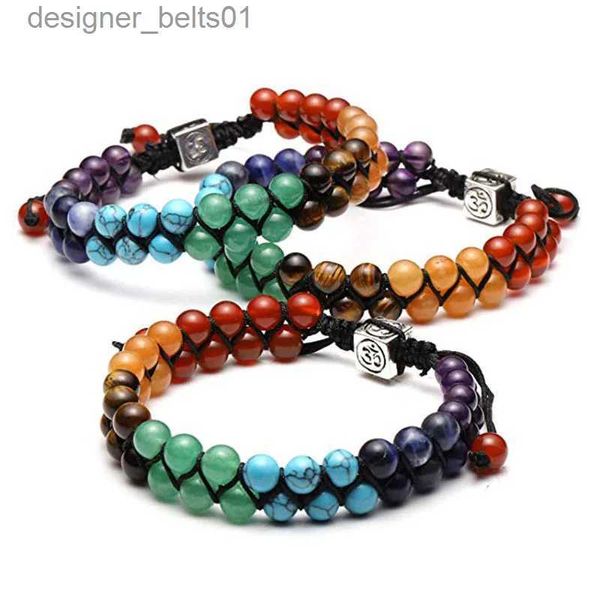 Bracelets à breloques Double couche 7 Chakra Bracelets pour femme hommes Vintage indien Yoga Bracelet Chakra prier pierre de lave perles Bracelet bijoux de guérison L231214