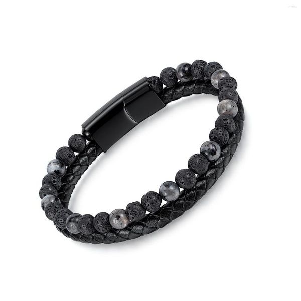 Pulseras con abalorios, pulsera de cuero trenzado de doble capa para hombre, pulsera de roca volcánica, cierre de acero inoxidable, joyería informal para hombre