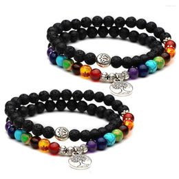 Pulseras de encanto Doble fila 6 mm Piedra volcánica con cuentas Árbol de la vida OM Colgante Pulsera Ágata Cristal Yoga Brazalete para hombres Mujeres Pareja Regalo