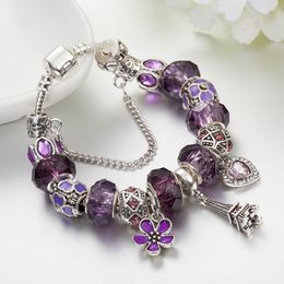 Bracelets de charme goutte Abalorio tour Eiffel authentique violet cristal coeur perles ajustement Original bijoux à bricoler soi-même B17047Charm