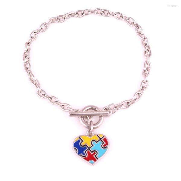 Charm Bracelets Drop Autism Awareness Jewelry Zinc con esmalte múltiple Hope Heart Puzzle Piece Toggle OT