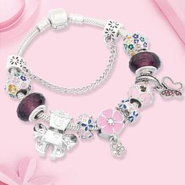 Bracelets de charme goutte romantique coloré fleurs de cerisier bracelet argent couleur plante fée robot perle pour femmes fille cadeau