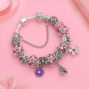 Pulseras de encanto Drop Silver Color Torre Eiffel Pulsera DIY Castle Crown Bead 5 Flor de cristal para mujeres