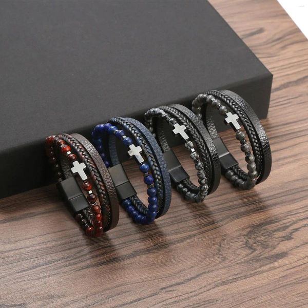 Pulseras de encanto elegante decoración cruzada multicapa pulsera de cuero hecha a mano para hombres punk hiphop tigre ojo cuentas de piedra regalo