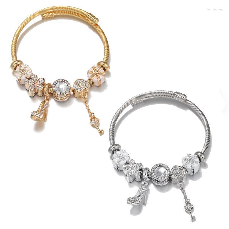 Charm Bracelets Elegant Stainless Steel DIY Rhinestone Bracelet With High Heels Pendant Beads Bangle Women Lover Fashion Jewelry Gifts