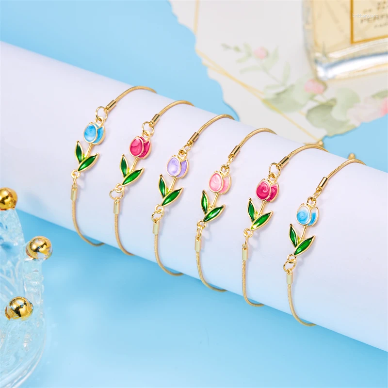 Braccialetti con ciondoli Elegante braccialetto con pendente a forma di fiore di tulipano per le donne Collana con catena in rame con smalto vintage, chiusura a moschettone, gioielli da sposa