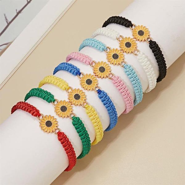 Pulseras con dijes Esmalte Adorno de margarita Pulsera tejida Estilo boho Colgante de girasol Cuerda de bricolaje Cadena de mano Pareja Joyería para mujeres Regalo de verano