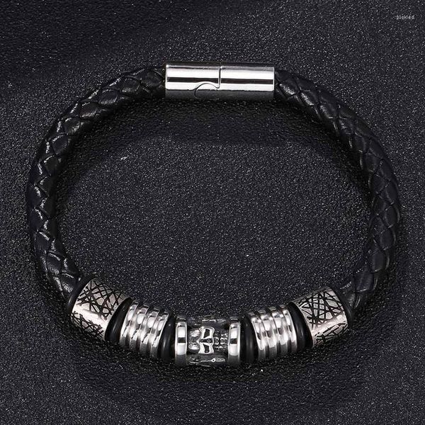 Brazalete Charm EST Pulsera trenzada de cuero Hombres de acero inoxidable Joyería de cráneo de mierda para hombre Punk Wutband Regalo SP0417