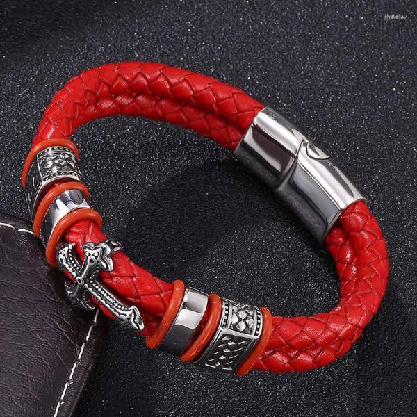 Bracelets porte-bonheur Est Rouge Double Tressé En Cuir Croix Bracelet Hommes Bijoux À La Mode En Acier Inoxydable Fermoir Magnétique Bracelets Punk Bracelet