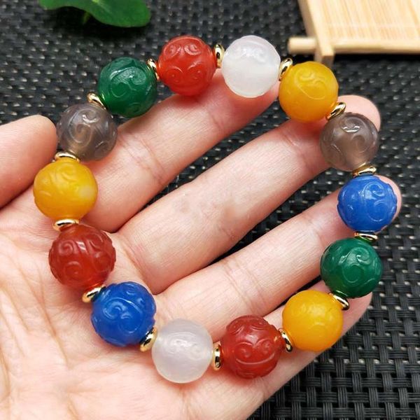 Pulseras de encanto Agatas naturales étnicas Dzi Multicolor Calcedony Tallado Huiwen Agat Stones Redonde Bangles Reiki Healing