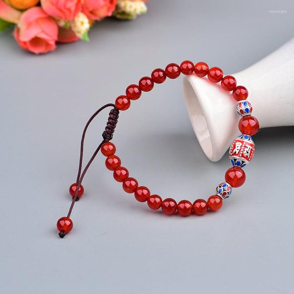 Pulseras con dijes Estilo étnico Exquisitas Cuentas de ágatas rojas Hebra Chinoiserie Año del destino Cloisonne Pulsera de cuentas protectoras del cuerpo