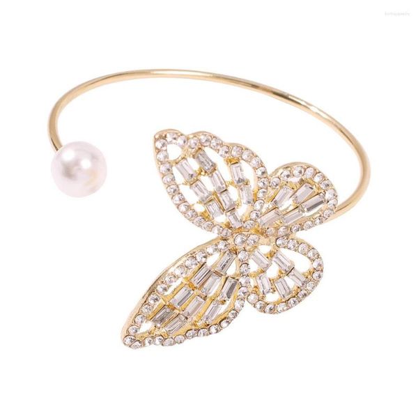 Pulseras con dijes EUBFree 10 unids Tono dorado Mariposa Cristal Rhinestone Ancho Wrap Brazalete Brazalete Imitación Perla Apertura Brazaletes