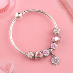 Bracelets de charme américains européens américains tendance simples en émail rose fleurs de cerise bracelet tibétain argent en cristal billes
