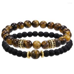 Bracelets de charme Mode européenne et américaine 2 pièces 6/8mm Tiger Eye Stone Micro Incrusté Partition Bracelet pour hommes