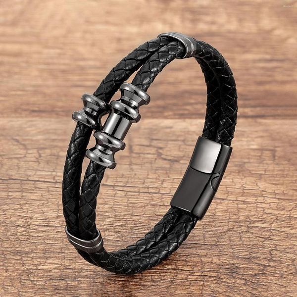 Pulseras con dijes Joyería de acero inoxidable para hombres europeos y americanos Accesorios de moda Doble capa de cuero tejido Homme al por mayor