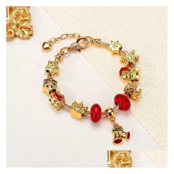 Pulseras de encanto Estilo europeo DIY Gran agujero Pulsera de oro Regalos de Navidad para mujeres Campana Colgante Cristal rojo 3D Estrella Copo de nieve Gota Dhl5X