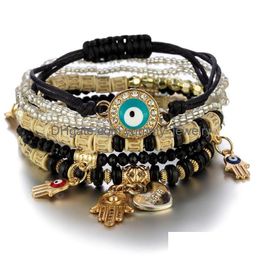 Bracelets de charme Evil Eye Charms Bracelets Design de mode Fatima Hamsa Bracelet à la main Bracelets pour femmes Mtilayer tressé à la main hommes B Dhprz