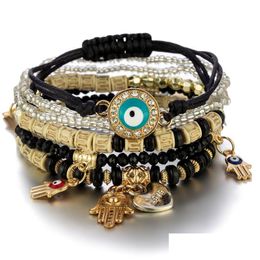 Bracelets de charme Evil Eye Charms Bracelets Design de mode Fatima Hamsa Bracelet à main Bracelets pour femmes Mtilayer tressé à la main hommes Be Dh6Ba