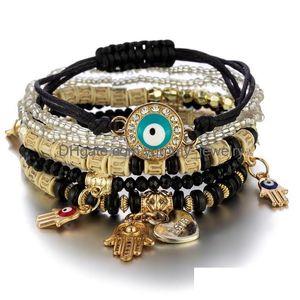 Bracelets de charme Evil Eye Charms Bracelets Design de mode Fatima Hamsa Bracelet à la main Bracelets pour femmes Mtilayer tressé à la main hommes B Dhprz