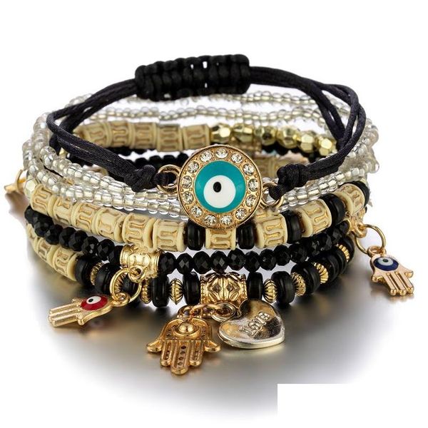 Pulseras con dijes Pulseras con dijes de mal de ojo Diseño de moda Fatima Hamsa Pulsera de mano Brazaletes para mujeres Mtilayer Trenzado Hecho a mano Hombres Be DH6BA